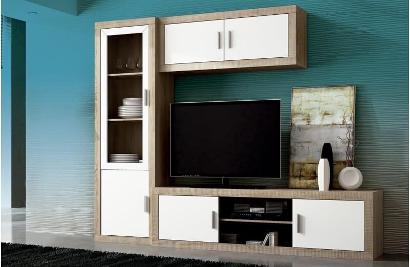 Mueble tv Hoa de tamaño pequeño, 136 cm, con dos puertas y huecos